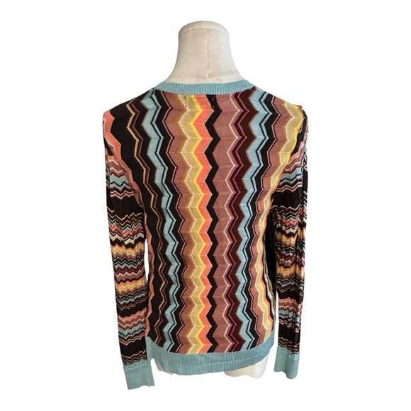 MISSONI V Neck Multicolor Zigzag Knit Cardigan Bohemian Sweater L Brown Teal - Picture 7 of 9